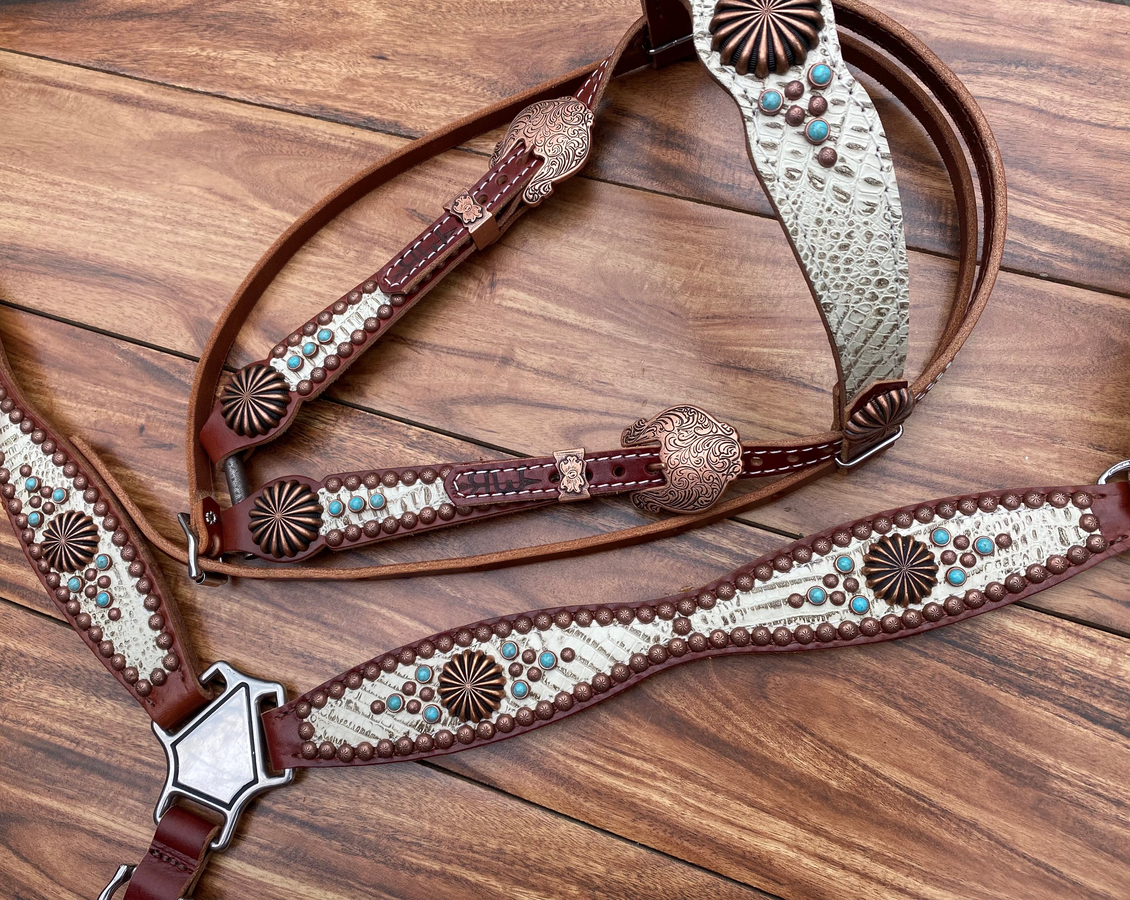 Dark Oil Buckstitch Copper and Turquoise Browband / One Ear / Breastco