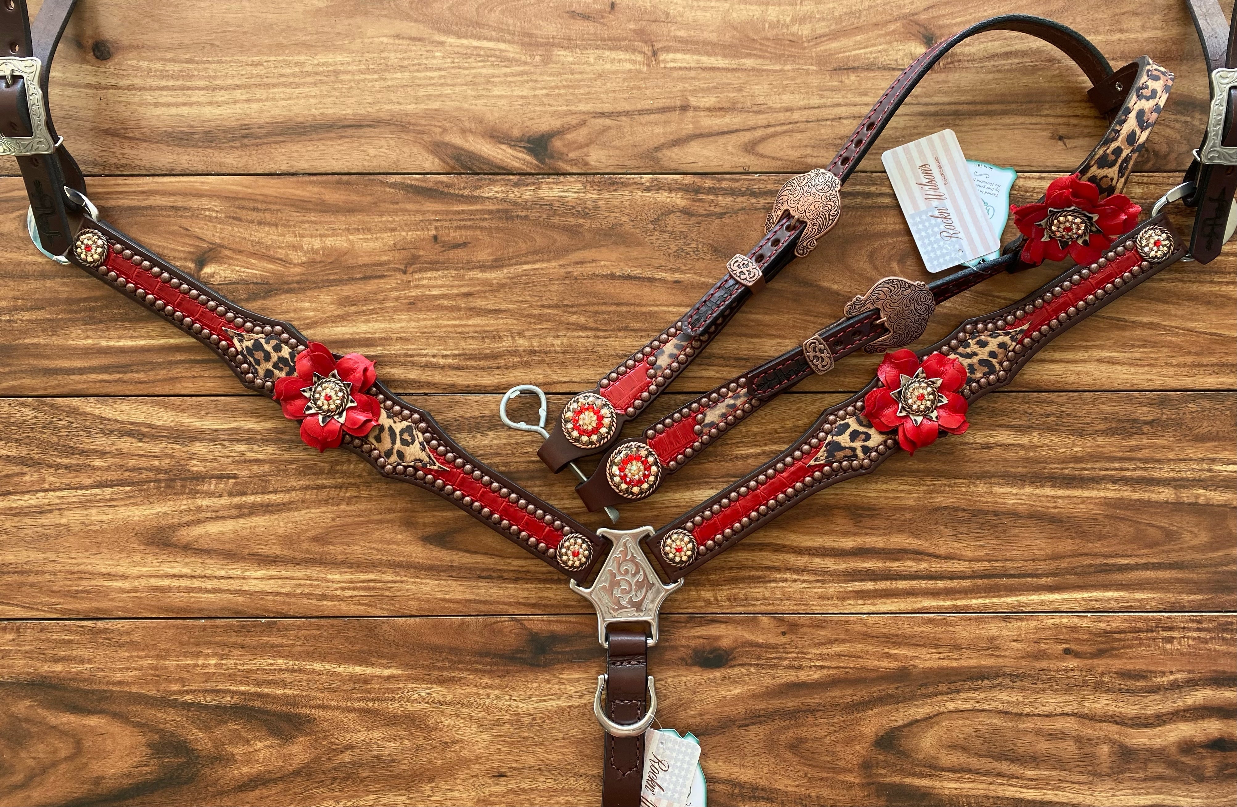 Western Brown Leather Bling Tack Set With White & Red