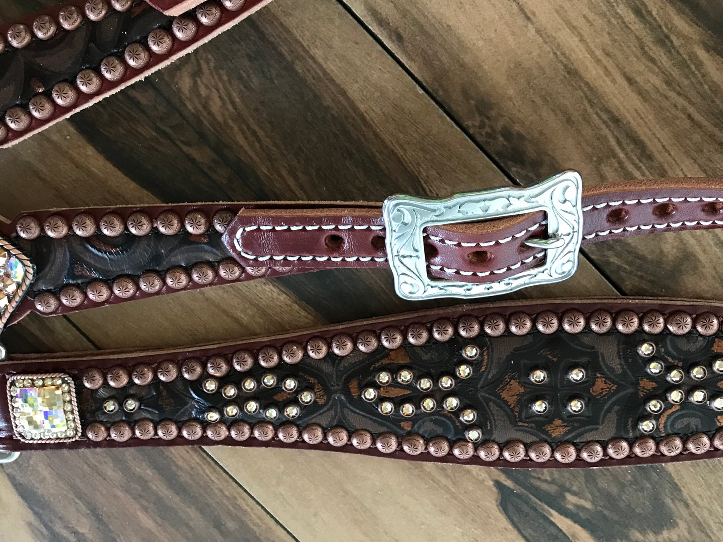 Brown Tooled leather with Crystals and Copper Spots