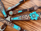 Tiffany Blue and Cheetah with Leather Flower Concho