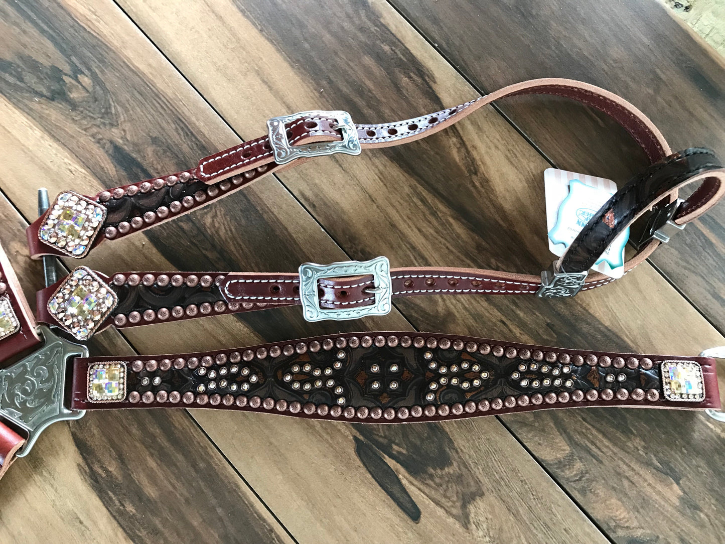 Brown Tooled leather with Crystals and Copper Spots