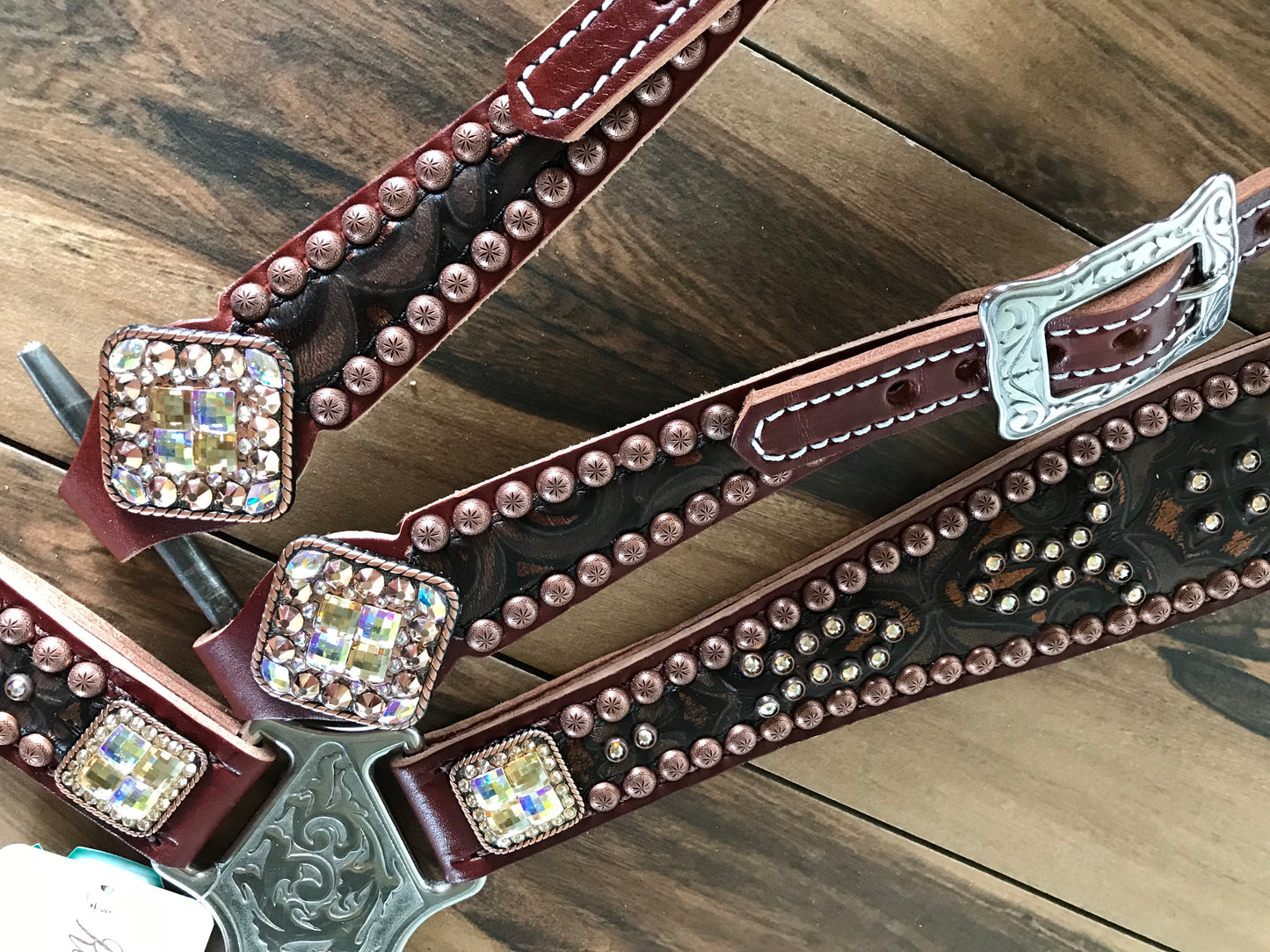 Brown Tooled leather with Crystals and Copper Spots