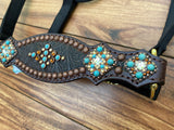 Brown tooled with turquoise and smoked topaz