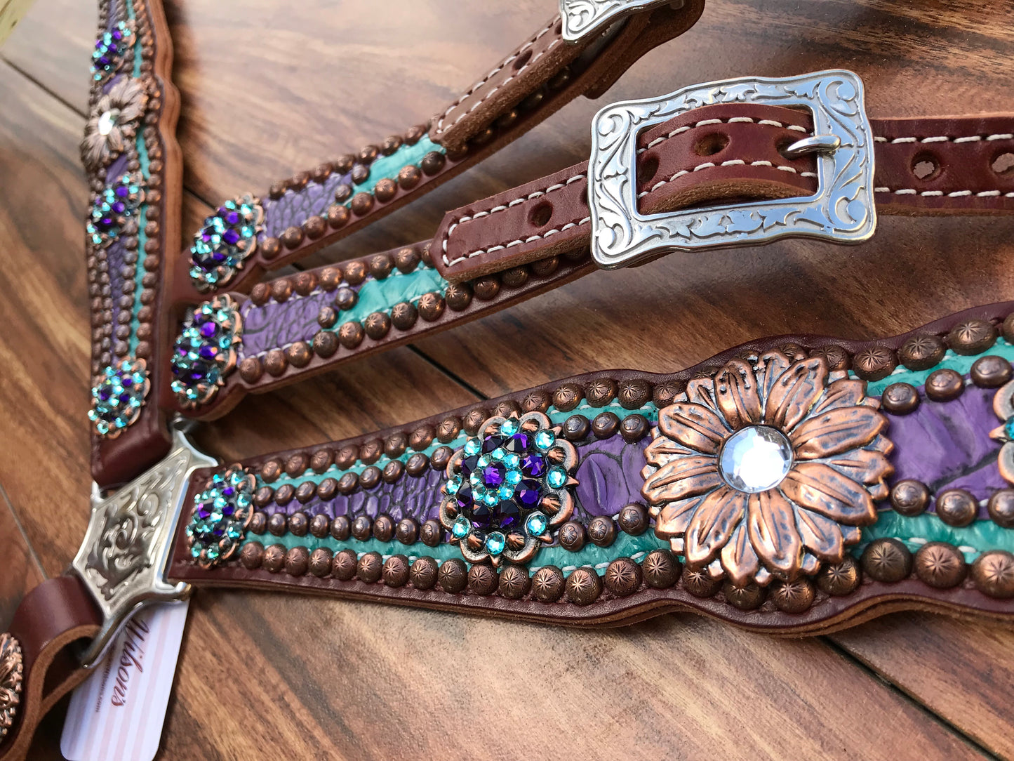Teal and Purple Gator Overlay with Copper Daisy Conchos