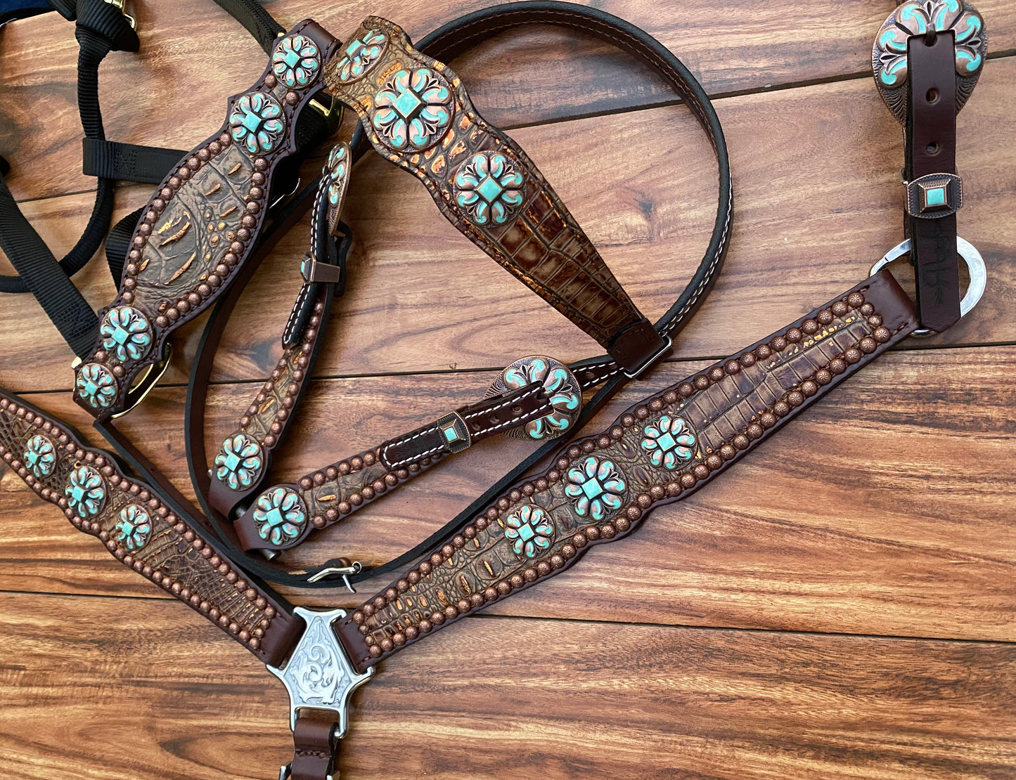 Copper frosted with turquoise floral conchos