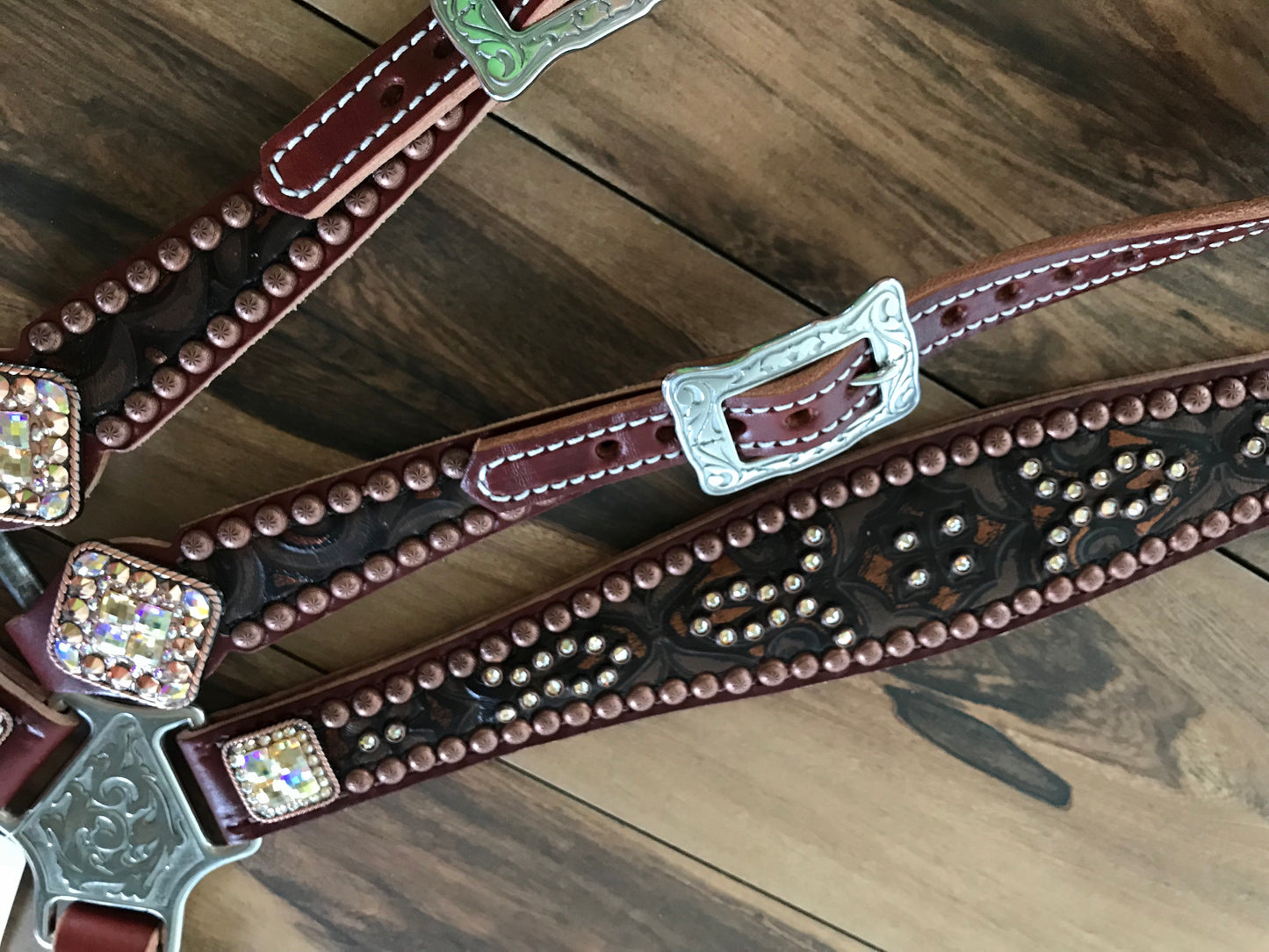 Brown Tooled leather with Crystals and Copper Spots