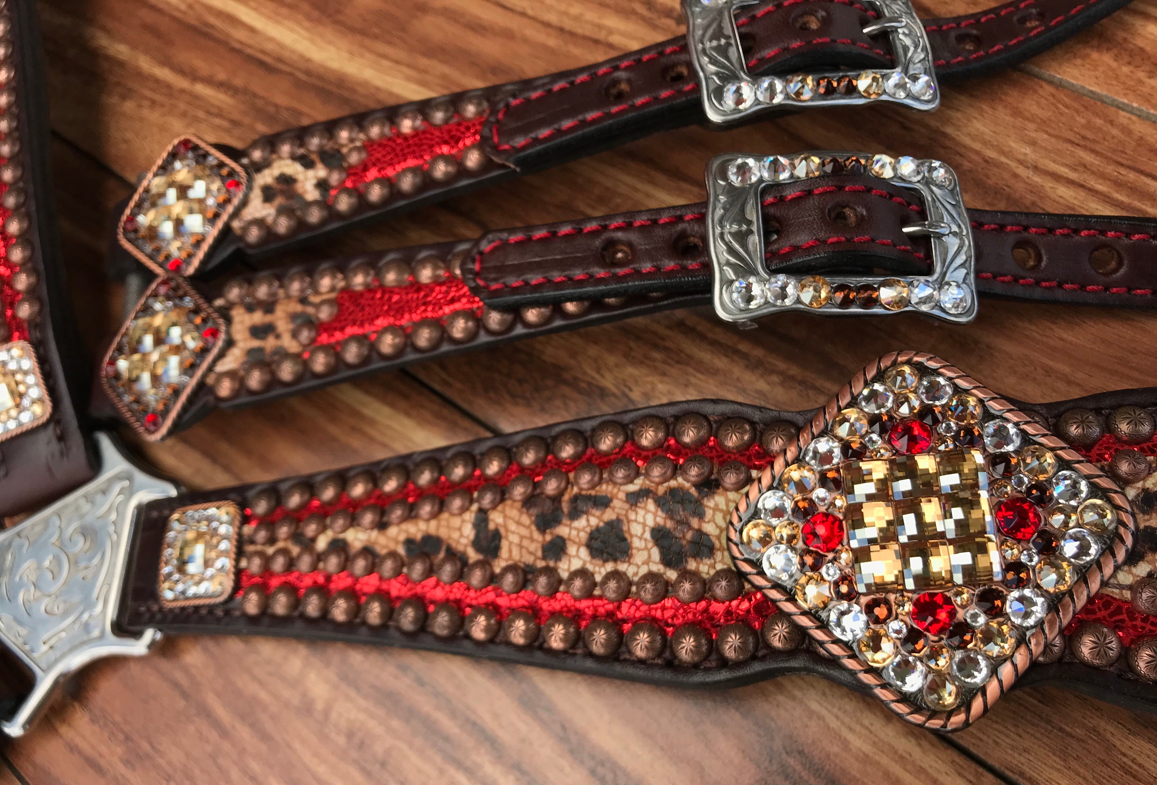 Western Brown Leather Bling Tack Set With White & Red