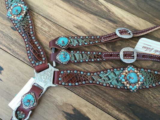 Turquoise and Brown Fade Gator with Indian Heads